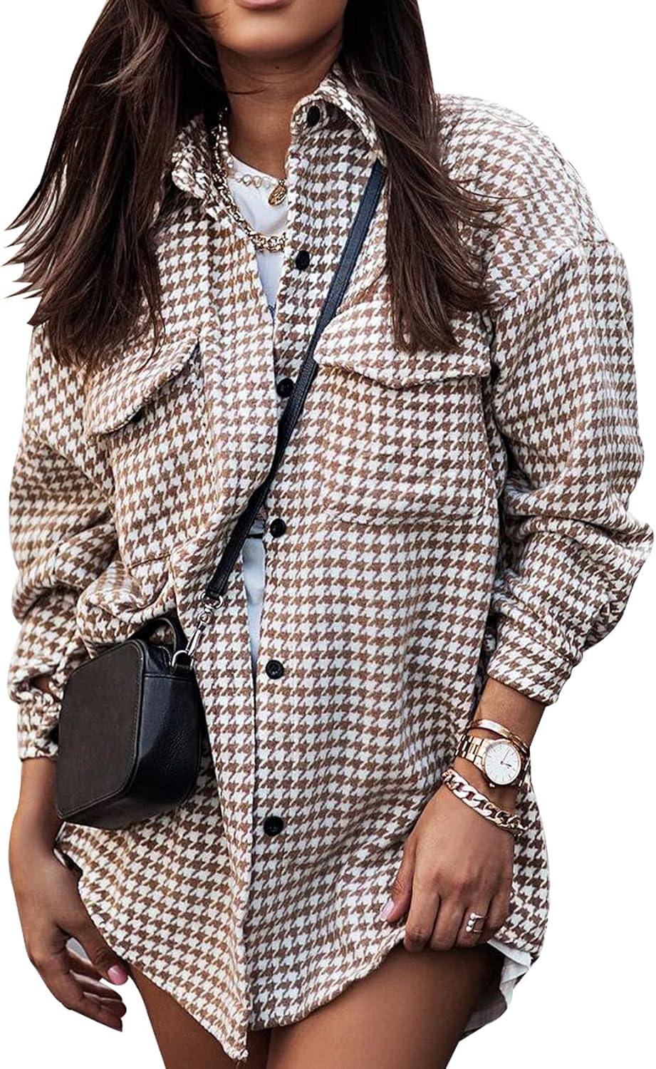 Plaid Jacket Women Casual Houndstooth Jacket Flannel Shacket Loose Long Sleeve Shirt Button Down Shacket with Pockets