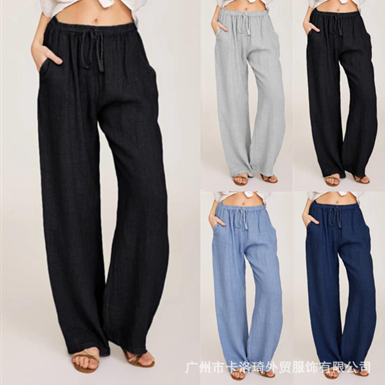 Women's Summer Drawstring Waist Wide Leg Loose Cotton Linen Palazzo Pants - Seldom Seen Styles