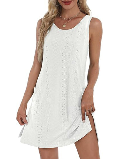 Coverup Summer Dresses for Women 2025 Eyelet Casual Loose Sleeveless Sundresses Tank Dresses with Pockets