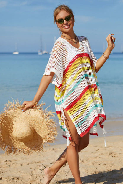 Rainbow Stripe Openwork Slit Cover Up - Seldom Seen Styles