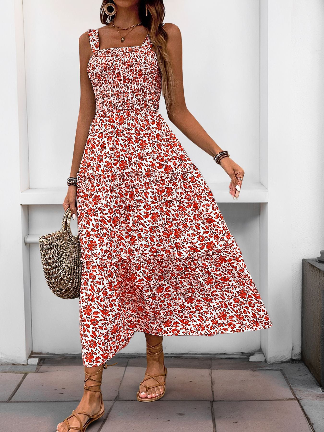 Women's 2025 Summer Floral Boho Dress Square Neck Strapped Swing A Line Sundress Beach Long Maxi Outfits