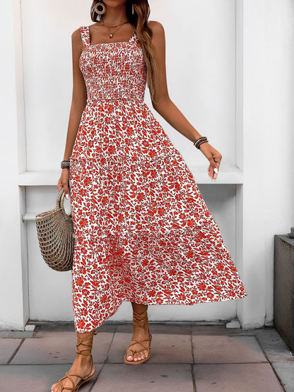 Women's 2025 Summer Floral Boho Dress Square Neck Strapped Swing A Line Sundress Beach Long Maxi Outfits