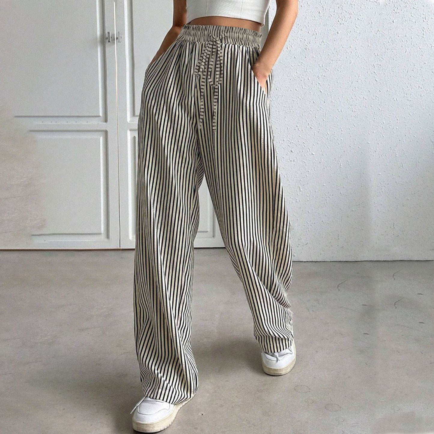 Women's Casual Striped Wide Leg Pants Drawstring Elastic Waist Dress Palazzo Pants with Pockets - Seldom Seen Styles