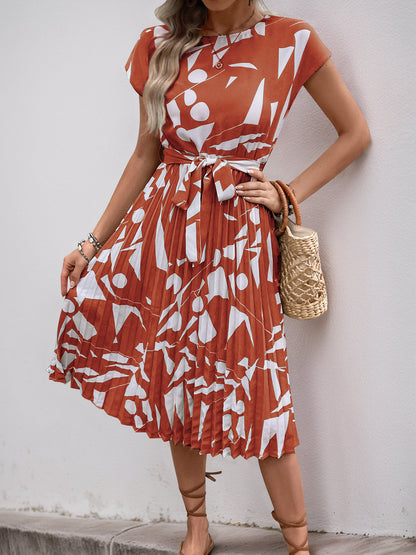 Floral Dress for Women Wedding Guest Crewneck Short Sleeve Casual Summer Dress Tie Waist Midi Flowy Boho Beach Dresses