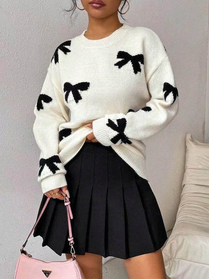 Fashion Bow Print Casual Loose Knitted Sweater Pullover Autumn/Winter Women Pullovers New Full Sleeve Knitwear - Seldom Seen Styles