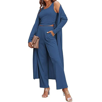 Cozy New Ekouaer Women's 3 Piece Knit Lounge Set Long Sleeve Cardigan Sleeveless Top Pants Sweatsuit S-XXL