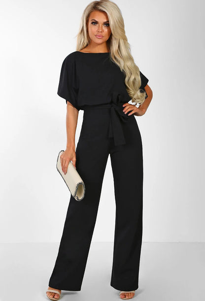 Womens Loose Short Sleeve Belted Wide Leg Pant Romper Jumpsuit Business Casual One Piece Outfits - Seldom Seen Styles