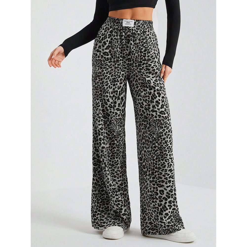 Women's Letter Leopard Print Straight Leg Pants Elastic Waist Y2K Trousers Bottoms with Pockets - Seldom Seen Styles