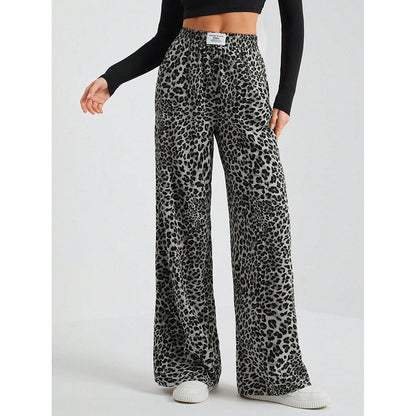 Women's Letter Leopard Print Straight Leg Pants Elastic Waist Y2K Trousers Bottoms with Pockets - Seldom Seen Styles