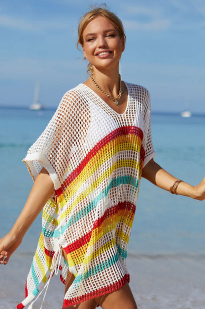 Rainbow Stripe Openwork Slit Cover Up - Seldom Seen Styles