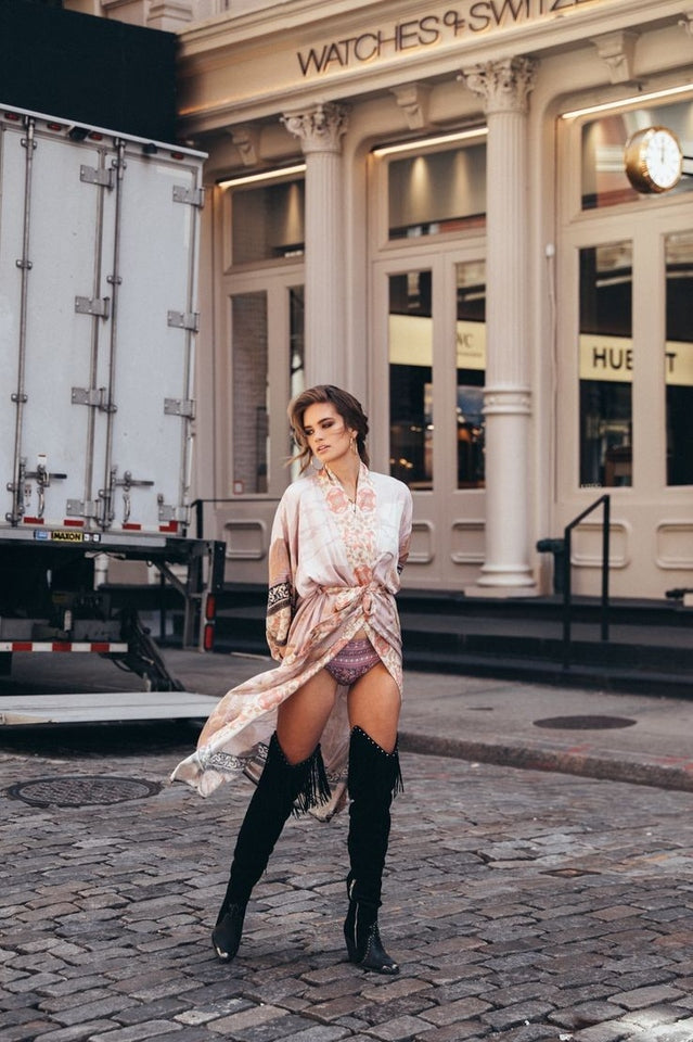 Floral Crane Print Kimono With Belt - Seldom Seen Styles