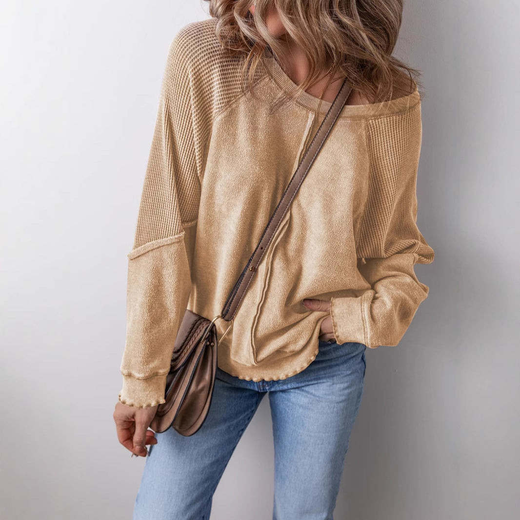 Women's Cotton Waffle Knit Casual Crew Neck Long Sleeve Back Seam Pullover Sweatshirt - Seldom Seen Styles