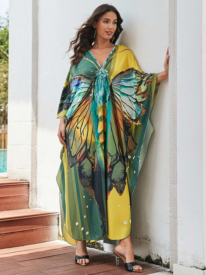 [Plus Size] Butterfly/feather Print Ruched Split Hem Tunic Dress, Valentine's Day Elegant Batwing Sleeve V Neck Long Dress for Summer, Casual Womenswear, Gift, Homecoming Dresses, Women's Clothes for Beach Holiday Vacation, Moo Moo Dresses