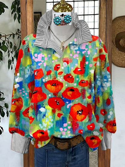 Women's Vintage Floral Print Striped Collar Top Going Outfits Blouses 90s Tops Funny Shirts Women Elegant Classy Tops Blouse Classyoutfit Women cute summer outfit boho Casual Style cute summer outfit women's summer outfits - Seldom Seen Styles