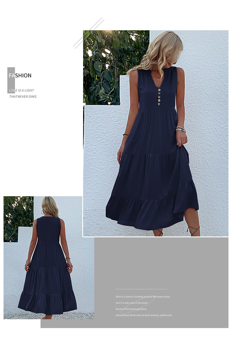 Summer Flowy Maxi Dress with Pockets Sleeveless Loose Casual Sundress V-Neck Tiered Sun Dress for Beach Cruise Vacations