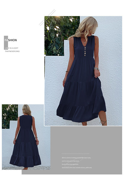 Summer Flowy Maxi Dress with Pockets Sleeveless Loose Casual Sundress V-Neck Tiered Sun Dress for Beach Cruise Vacations