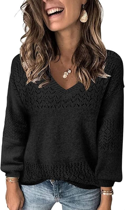 Womens Sweaters 2025 Fall V Neck Long Sleeve Hollow Knit Pullover Sweaters for Women - Seldom Seen Styles