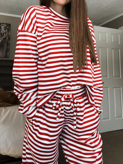 Women's Casual Striped Long Sleeve Top & Pants Set, Comfortable Loose-Fitting Home Wear, Fashionable Two-Piece for Daily Use
