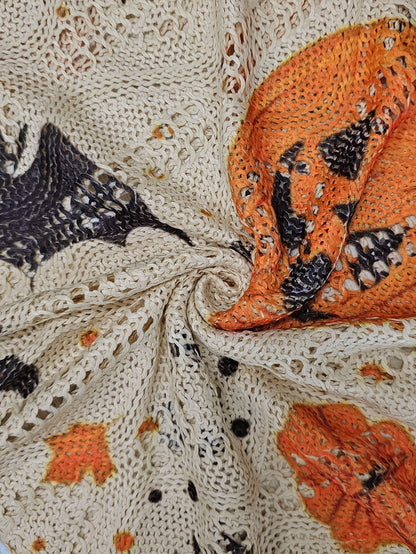 Women's Halloween Pumpkin Print Long Sleeve Knit Top, Casual Elegant Vacation Style, Loose Fit Batwing Shoulder, Spring Summer Fall Wear - Seldom Seen Styles