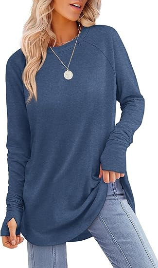 Womens Tunic Tops to Wear with Leggings Long Sleeve Thumb Hole Shirts Crew Neck Curved Hem - Seldom Seen Styles