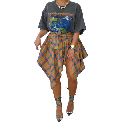 Women's Fashion Style Plaid Print Asymmetrical Hem High Waist Skirt, Casual Comfort Elastic Waist Tiered Layer Knee Length Skirt for Summer Going Out Streetwear, Fashionable Trendy Plaid Skirt, Womenswear Everyday Bottom - Seldom Seen Styles