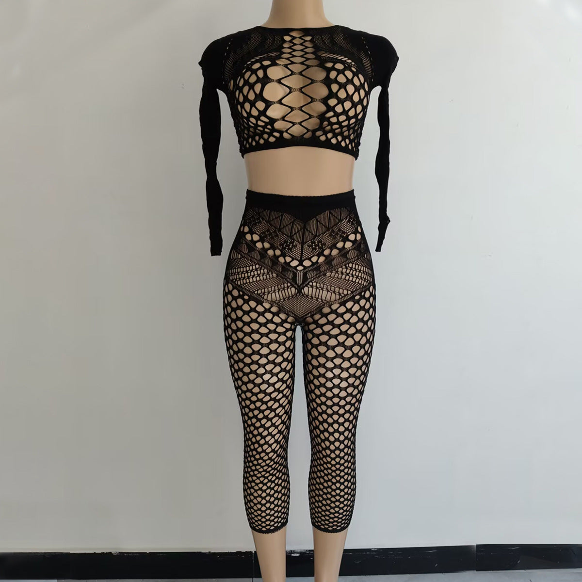 Sexy Lingerie Foreign Trade Long Sleeve Bodycon Dress Short Skirt Hollow Out Backless Mesh Bodysuit