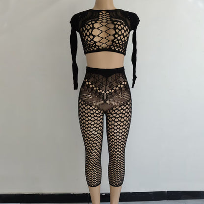 Sexy Lingerie Foreign Trade Long Sleeve Bodycon Dress Short Skirt Hollow Out Backless Mesh Bodysuit