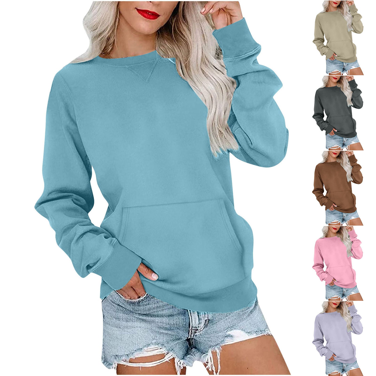 Women's Crewneck Hoodless Sweatshirt With Kangaroo Pocket Fleece Longsleeve Oversized Casual Style Shirt Lightweight Pullover - Seldom Seen Styles