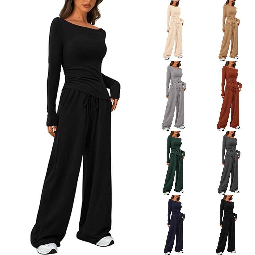 Women's 2-Piece Lounge Sets Asymmetrical Long Sleeve T Shirt Wide Leg Pants Casual Outfit Womenswear Tracksuit  Basic Minimalist Clothing - Seldom Seen Styles