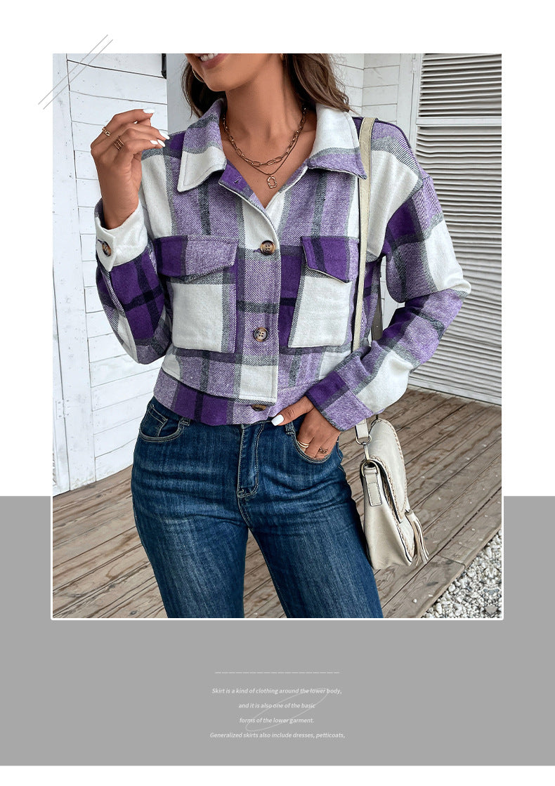 Women's Flannel Cropped Plaid Shacket Jacket Button Down Long Sleeve Shirts Tops