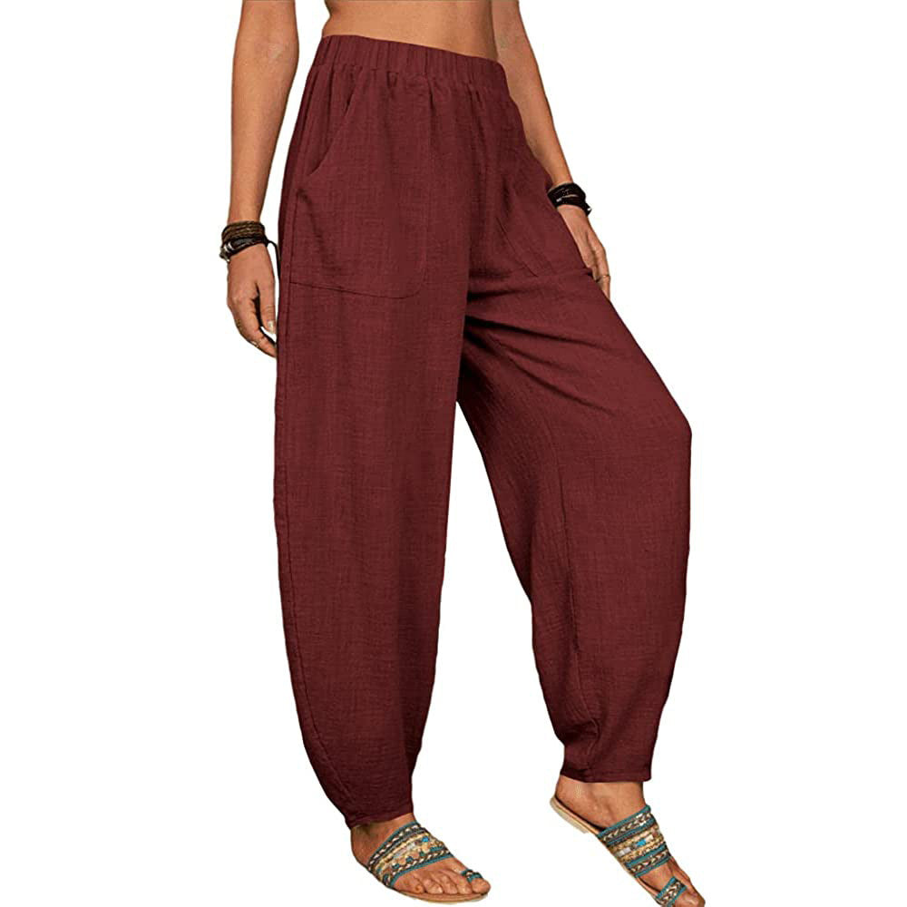 Womens Linen Plus Size High Elastic Waist Harem Pants Comfy Casual Loose Baggy Solid Pants Trousers with Pockets - Seldom Seen Styles