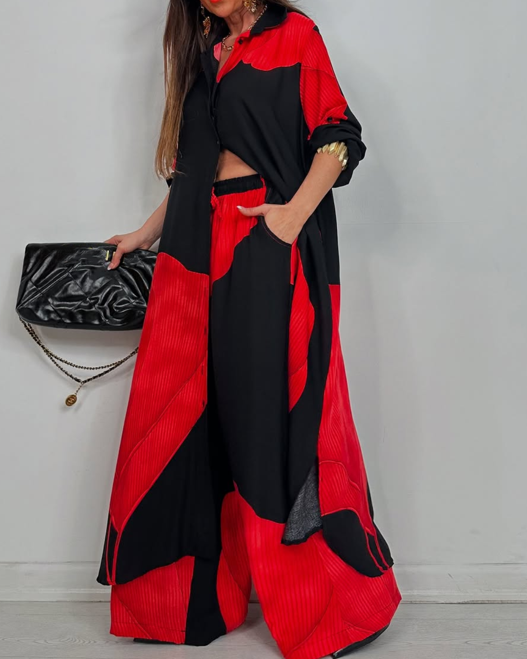 Women's V-neck Patchwork Printed Top and Pants Commuting Casual Suit - Seldom Seen Styles