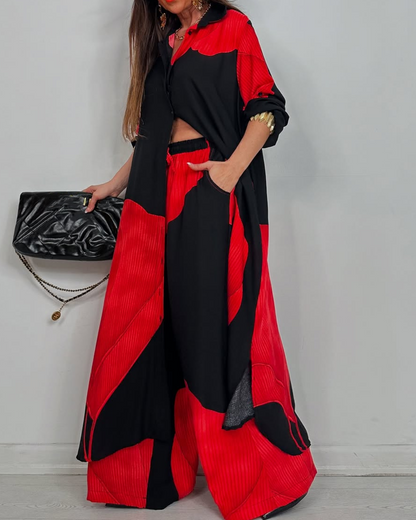 Women's V-neck Patchwork Printed Top and Pants Commuting Casual Suit - Seldom Seen Styles