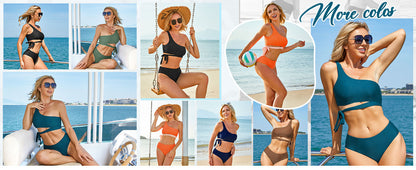 Women One Shoulder High Waisted Bikini Tie High Cut Two Piece Swimsuits