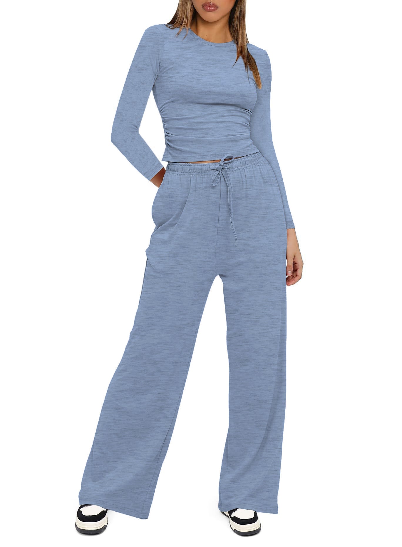 2025Women's Spring Solid Color Casual Long Sleeve Top with High Waist Wide Leg Pants Tracksuit Set