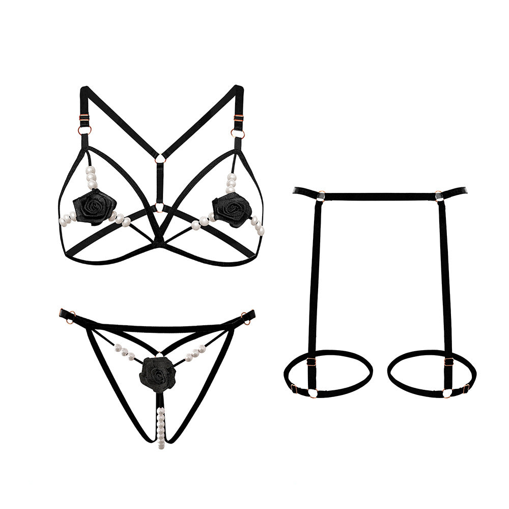 Romantic Rose Embroidered 3-Piece Lingerie Set with Sensory Pearls - T-Back Bra & Thong in 5 Colors - Seldom Seen Styles