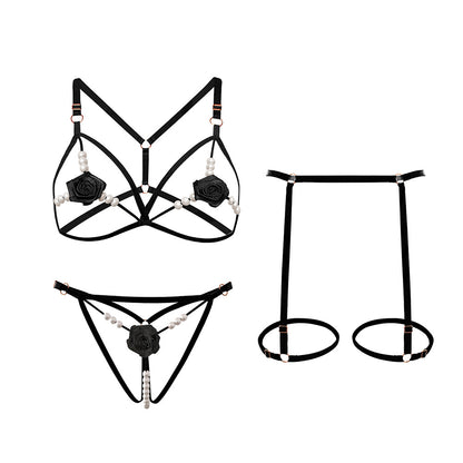 Romantic Rose Embroidered 3-Piece Lingerie Set with Sensory Pearls - T-Back Bra & Thong in 5 Colors - Seldom Seen Styles