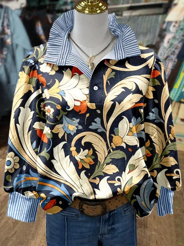 Women's Vintage Floral Print Striped Collar Top Going Outfits Blouses 90s Tops Funny Shirts Women Elegant Classy Tops Blouse Classyoutfit Women cute summer outfit boho Casual Style cute summer outfit women's summer outfits - Seldom Seen Styles
