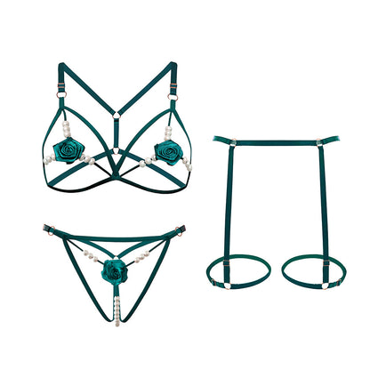 Romantic Rose Embroidered 3-Piece Lingerie Set with Sensory Pearls - T-Back Bra & Thong in 5 Colors - Seldom Seen Styles