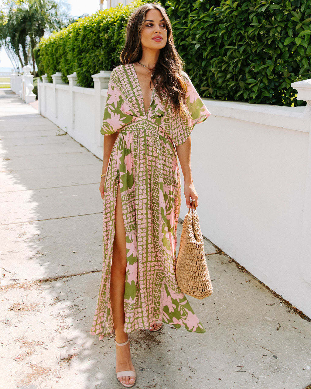 Women's Floral Print Split Thigh Long Dress, Boho Deep V Neck Batwing Sleeve A Line Sundress, Dresses for Women, Summer Dresses 2024, Back To School Clothes, Ladies Summer Clothes, Dresses for Women - Seldom Seen Styles