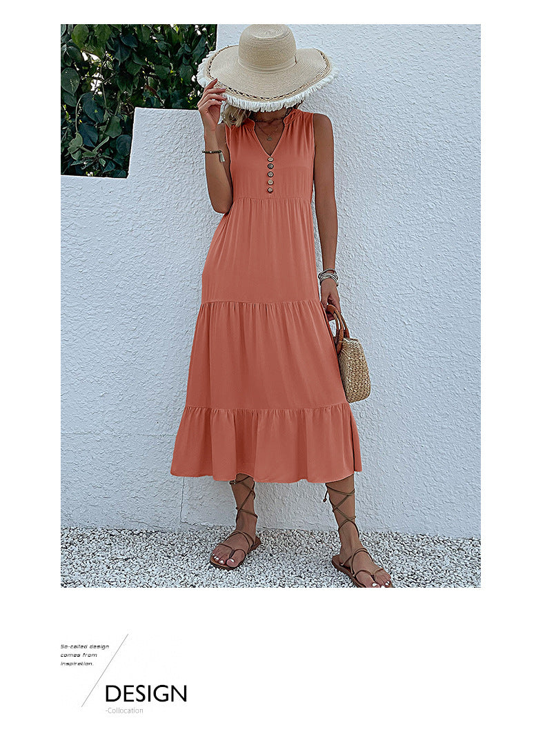 Summer Flowy Maxi Dress with Pockets Sleeveless Loose Casual Sundress V-Neck Tiered Sun Dress for Beach Cruise Vacations