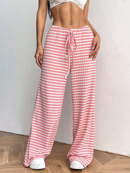 Women's Wide Leg Pants Striped Elastic High Waisted Casual Knit Palazzo Pants Drawstring Lounge Pajama Trousers - Seldom Seen Styles