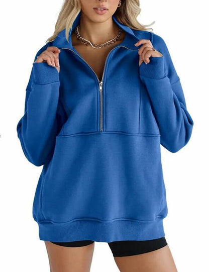 Women's Half Zip Sweatshirts Fleece Stand Collar Long Sleeve Thumb Hole Oversized Pullovers with Pockets - Seldom Seen Styles