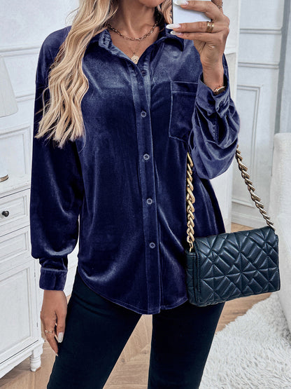 Womens Winter Velvet Long Sleeve Button Down Casual Tops Shirts