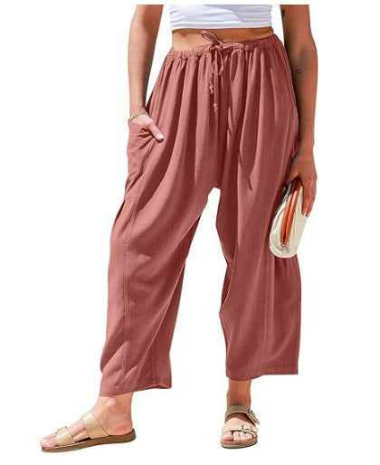 Womens Wide Leg Pants Casual Loose Drawstring Flowy Summer Beach Palazzo Harem Pants with Pockets - Seldom Seen Styles