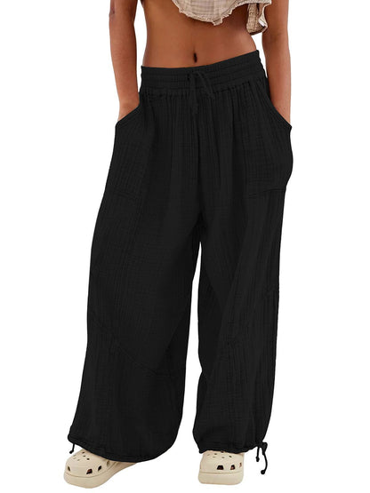 Womens Casual Loose Fit Wide Leg Cotton Pants Drawstring Stitching Baggy Pants Trousers with Pockets - Seldom Seen Styles