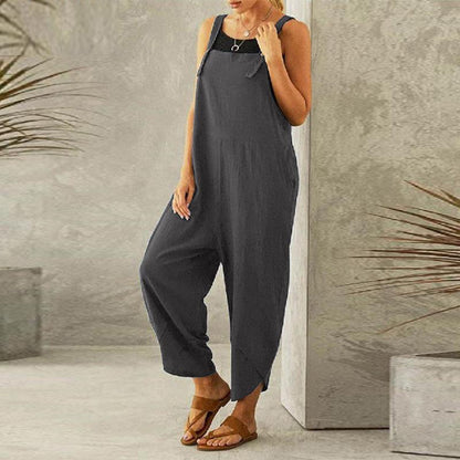 Women's Sleeveless Cotton Linen Overalls Rompers Baggy Wide Leg Jumpsuits - Seldom Seen Styles