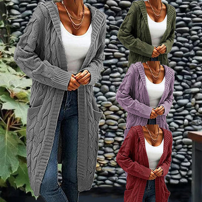 Women's Pocket Drop Shoulder Cardigan, Hooded Long Sleeve Warm Top, Casual Textured Knit Open Front Cable Outwear, Sweaters for Women