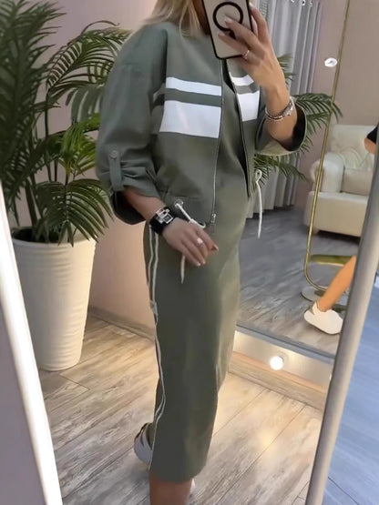 Olive Green Two Piece Skirt Set for Women – Casual Chic Midi Dress with Zip-Up Long Sleeve Jacket - Seldom Seen Styles