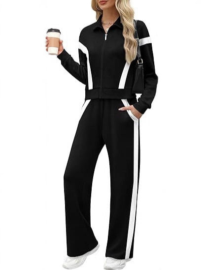 Women's 2 Piece Lounge Outfits Zip Up Sweat Set Contrast Striped Wide Leg Jogging Pants Travel Track Suit - Seldom Seen Styles